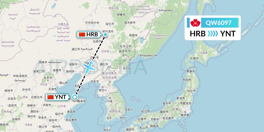 QW6097 Qingdao Airlines Flight Map: Harbin to Yantai