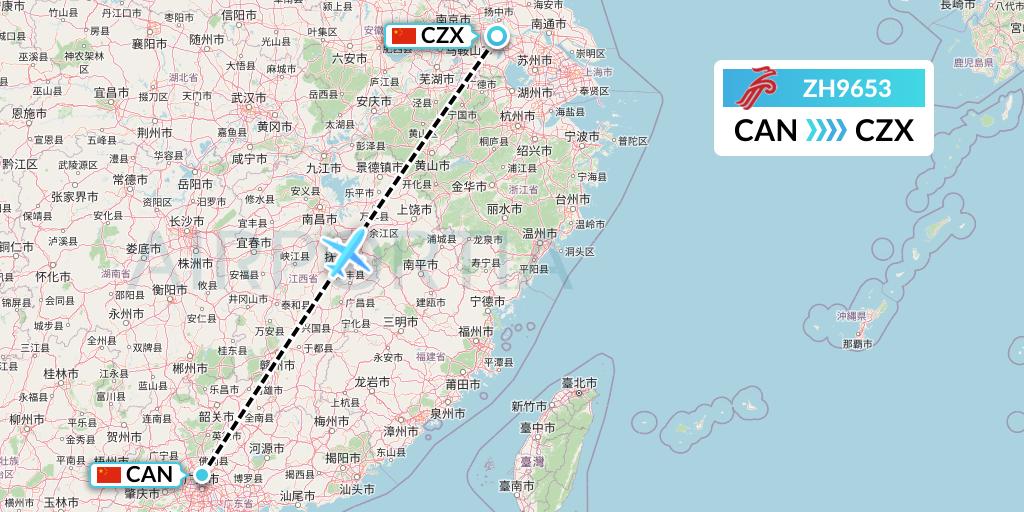 ZH9653 Shenzhen Airlines Flight Map: Guangzhou to Changzhou