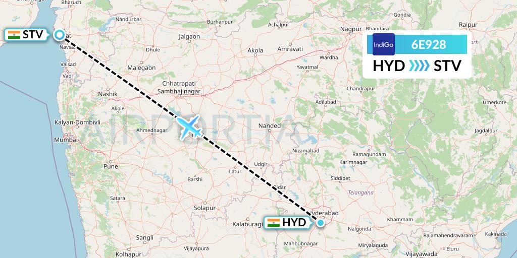 6E928 IndiGo Airlines Flight Map: Hyderabad to Surat