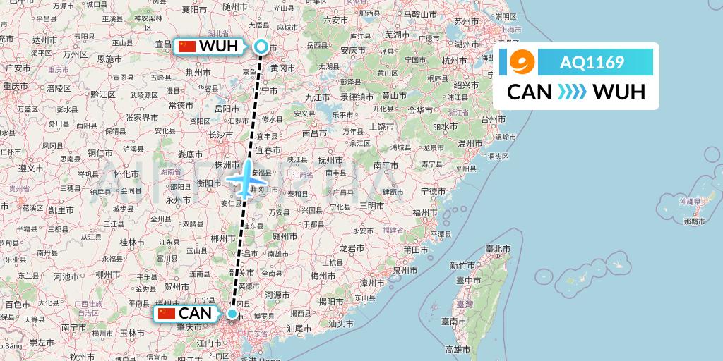 AQ1169 9 Air Flight Map: Guangzhou to Wuhan