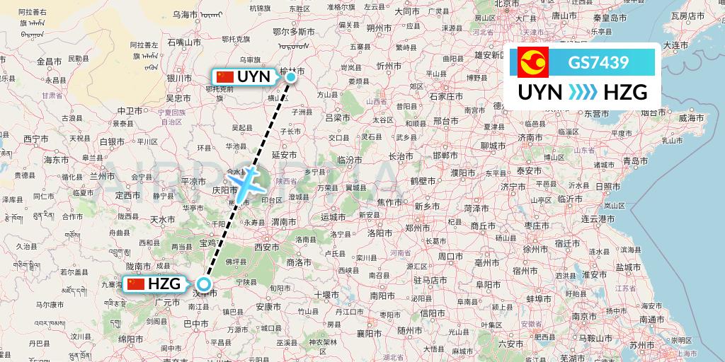 GS7439 Tianjin Airlines Flight Map: Yulin to Hanzhong