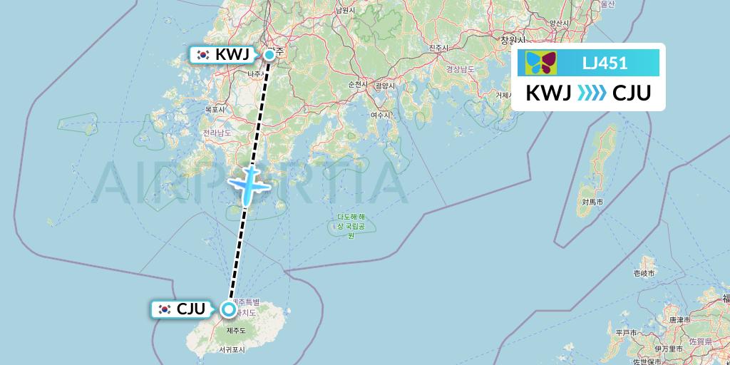 LJ451 Jin Air Flight Map: Gwangju to Jeju