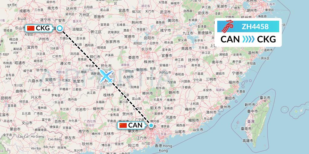 ZH4458 Shenzhen Airlines Flight Map: Guangzhou to Chongqing