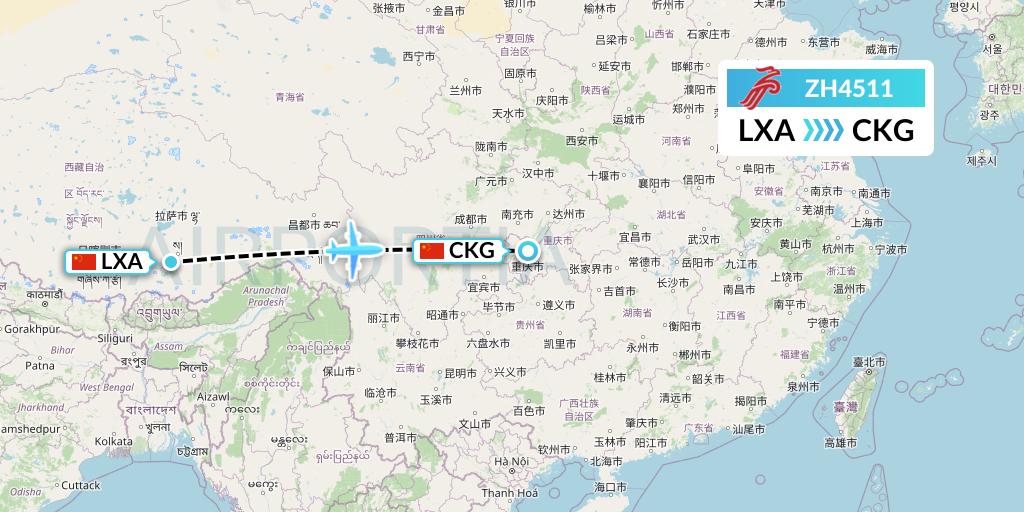 ZH4511 Shenzhen Airlines Flight Map: Lhasa to Chongqing