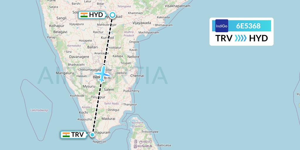 6E5368 IndiGo Airlines Flight Map: Thiruvananthapuram to Hyderabad
