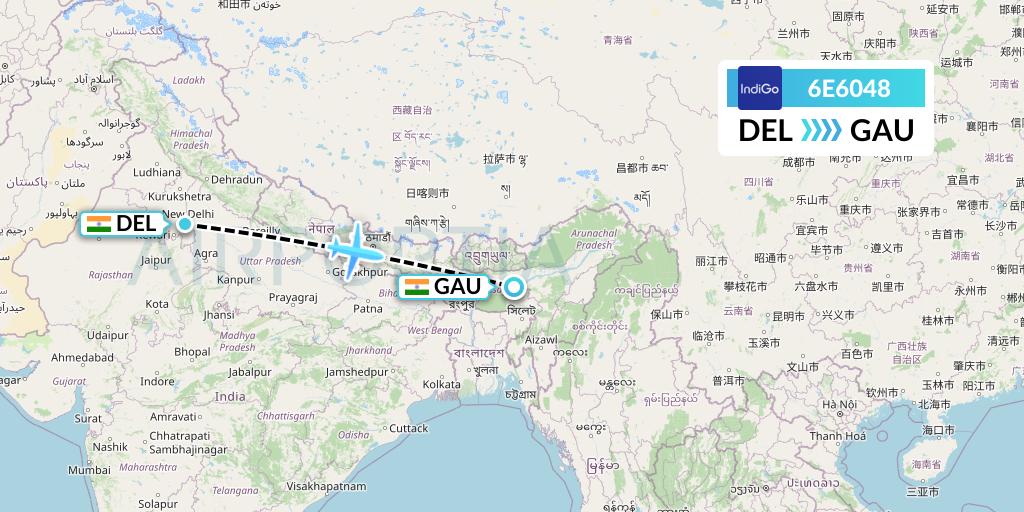 6E6048 IndiGo Airlines Flight Map: Delhi to Guwahati