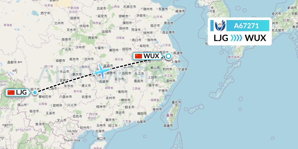 A67271 Hongtu Airlines Flight Map: Lijiang to Wuxi