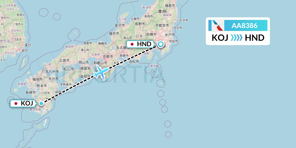 AA8386 American Airlines Flight Map: Kagoshima to Tokyo