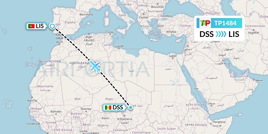TP1484 TAP Portugal Flight Map: Dakar to Lisbon