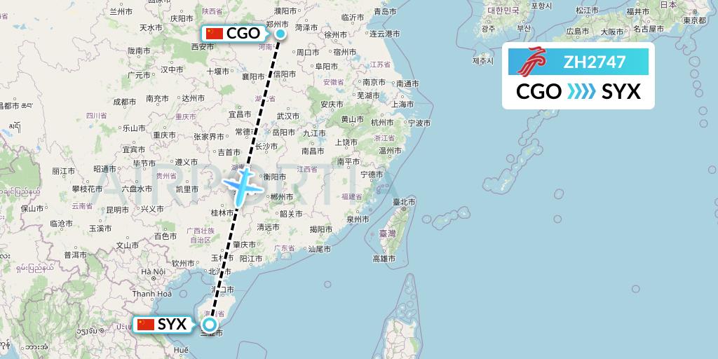 ZH2747 Shenzhen Airlines Flight Map: Zhengzhou to Sanya