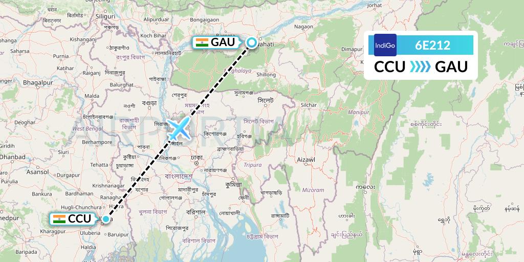 6E212 IndiGo Airlines Flight Map: Kolkata to Guwahati