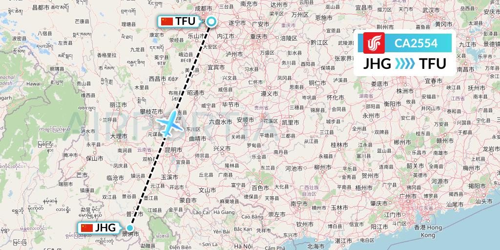 CA2554 Air China Flight Map: Jinghong to Chengdu