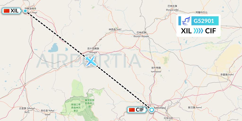 G52901 China Express Airlines Flight Map: Xilinhot to Chifeng