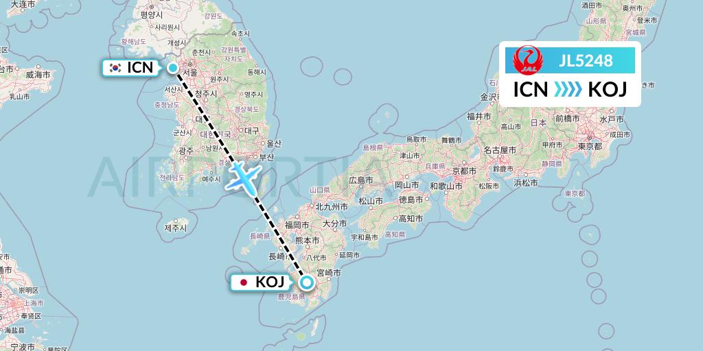 JL5248 Japan Airlines Flight Map: Seoul to Kagoshima