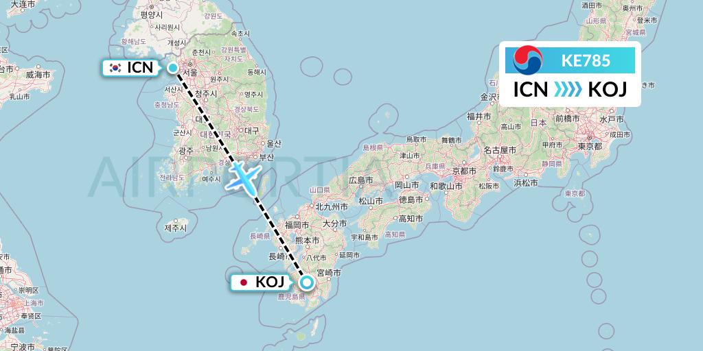 KE785 Korean Air Flight Map: Seoul to Kagoshima