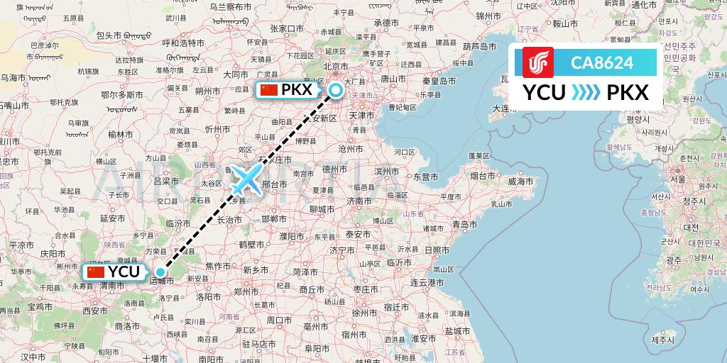 CA8624 Air China Flight Map: Yuncheng to Beijing