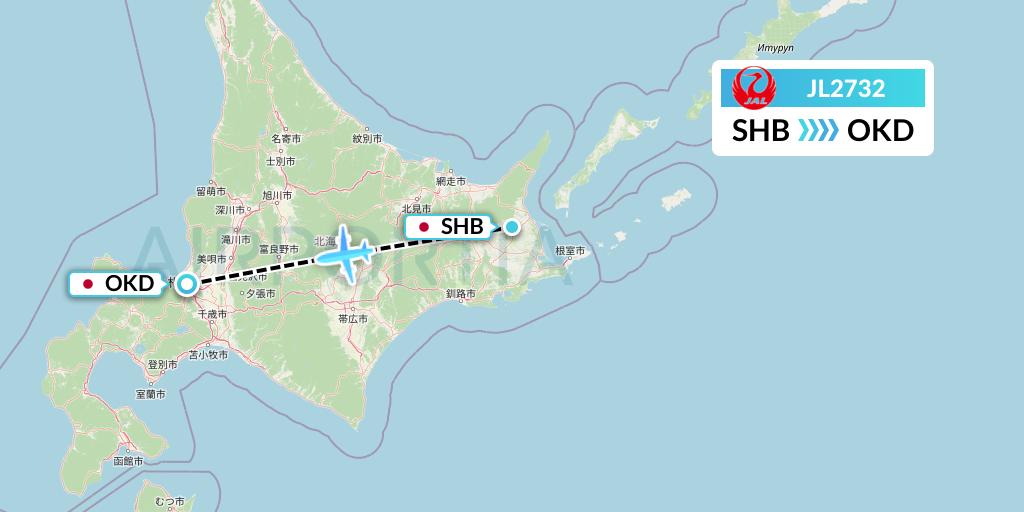 JL2732 Japan Airlines Flight Map: Nakashibetsu to Sapporo