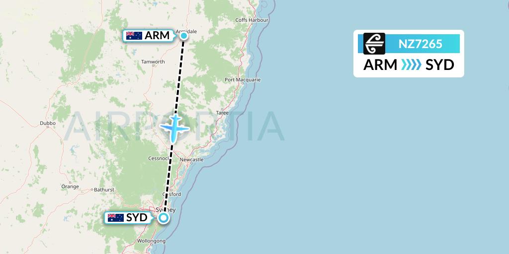 NZ7265 Air New Zealand Flight Map: Armidale to Sydney