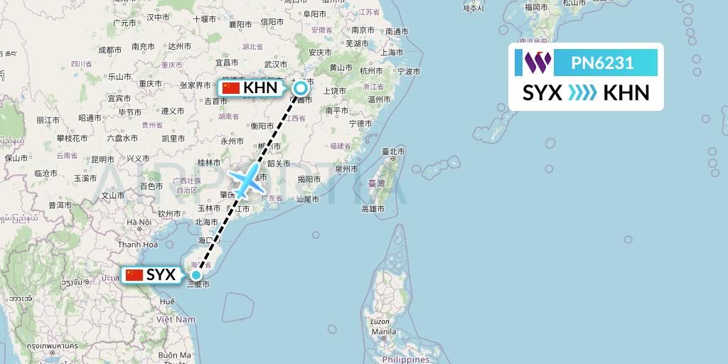 PN6231 China West Air Flight Map: Sanya to Nanchang