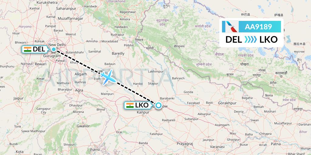 AA9189 American Airlines Flight Map: Delhi to Lucknow