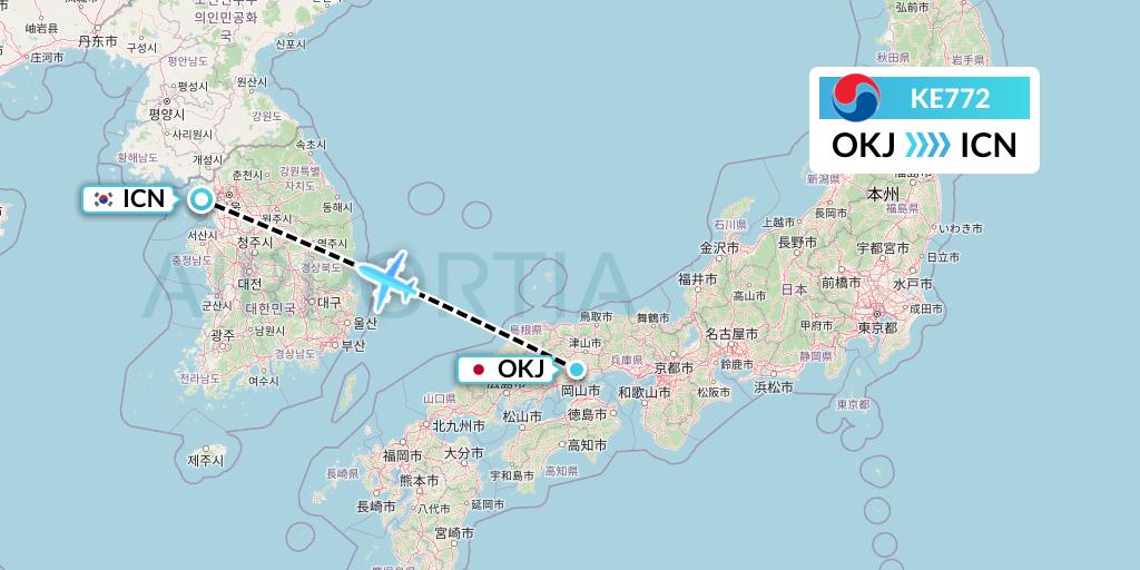 KE772 Korean Air Flight Map: Okayama to Seoul