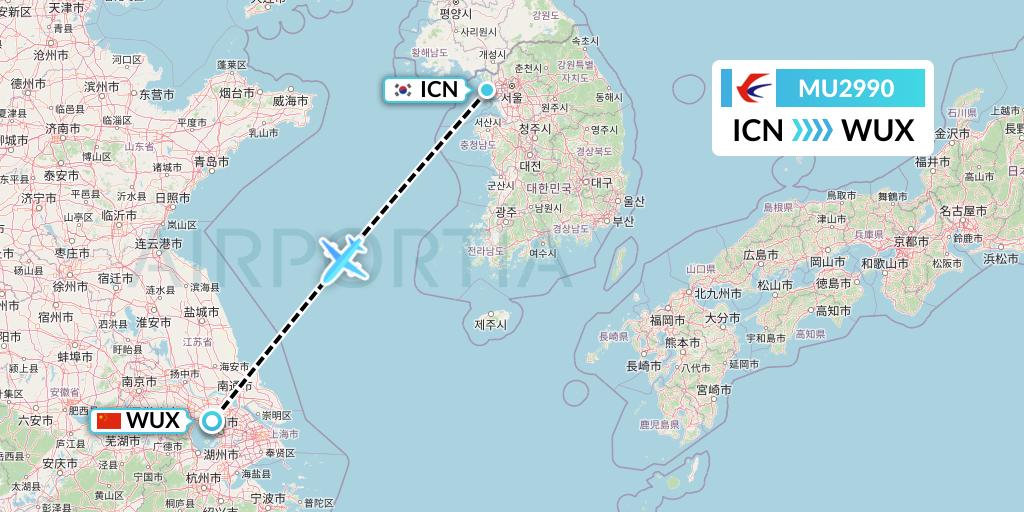 MU2990 China Eastern Airlines Flight Map: Seoul to Wuxi