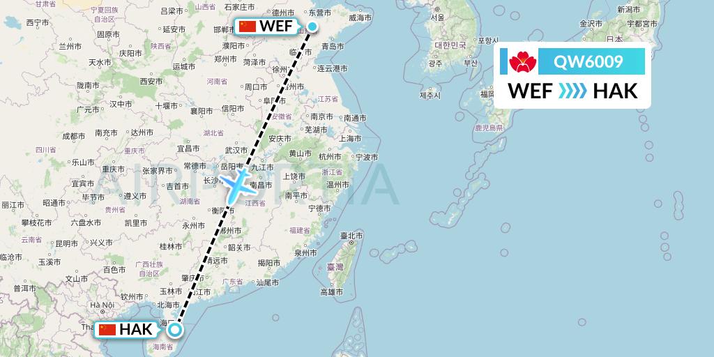 QW6009 Qingdao Airlines Flight Map: Weifang to Haikou