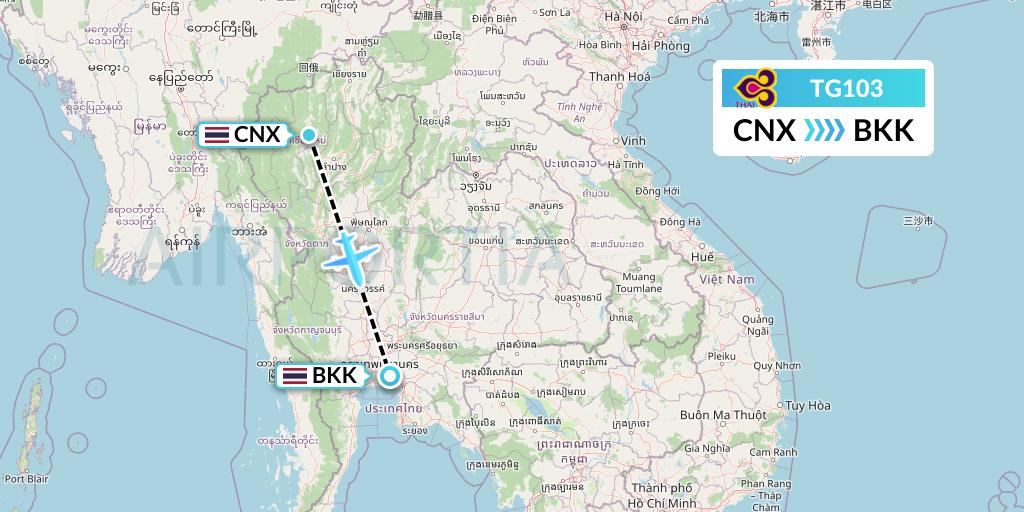 TG103 Thai Airways Flight Map: Chiang Mai to Bangkok