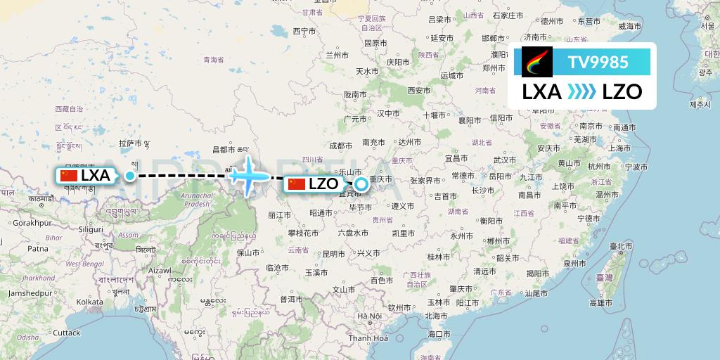 TV9985 Tibet Airlines Flight Map: Lhasa to Luzhou
