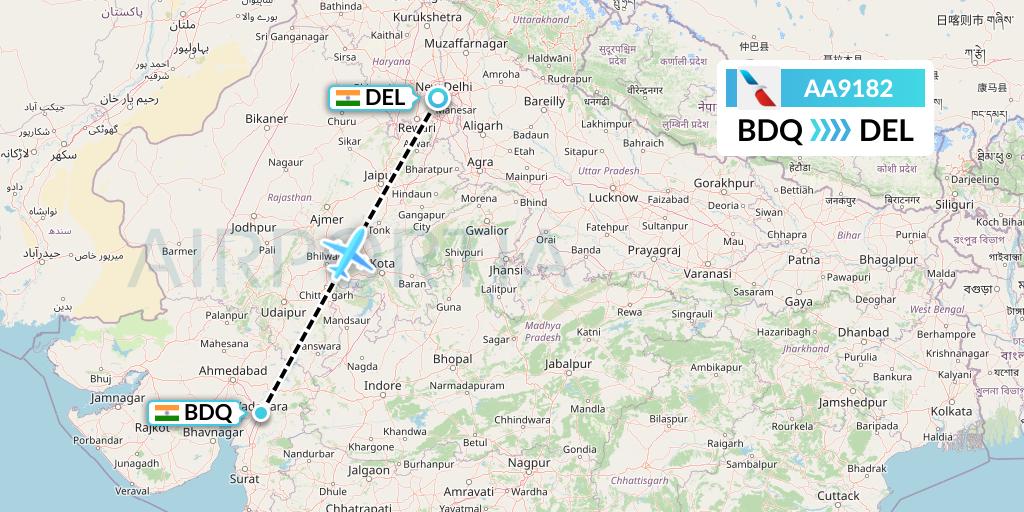 AA9182 American Airlines Flight Map: Vadodara to Delhi