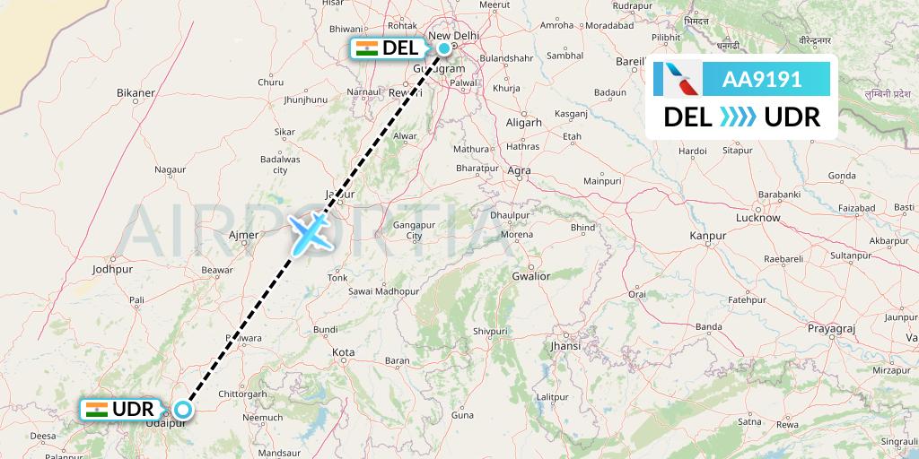 AA9191 American Airlines Flight Map: Delhi to Udaipur