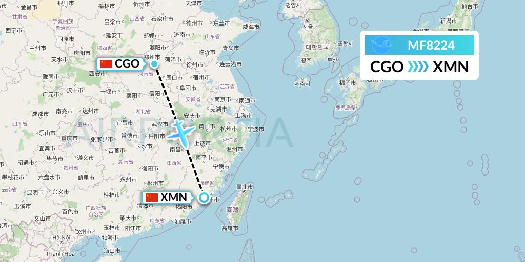 MF8224 Xiamen Airlines Flight Map: Zhengzhou to Xiamen