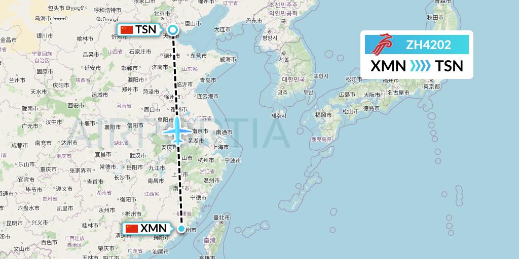 ZH4202 Shenzhen Airlines Flight Map: Xiamen to Tianjin