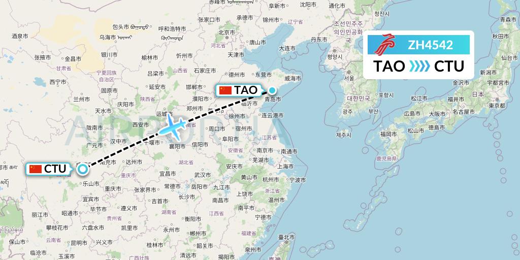 ZH4542 Shenzhen Airlines Flight Map: Qingdao to Chengdu