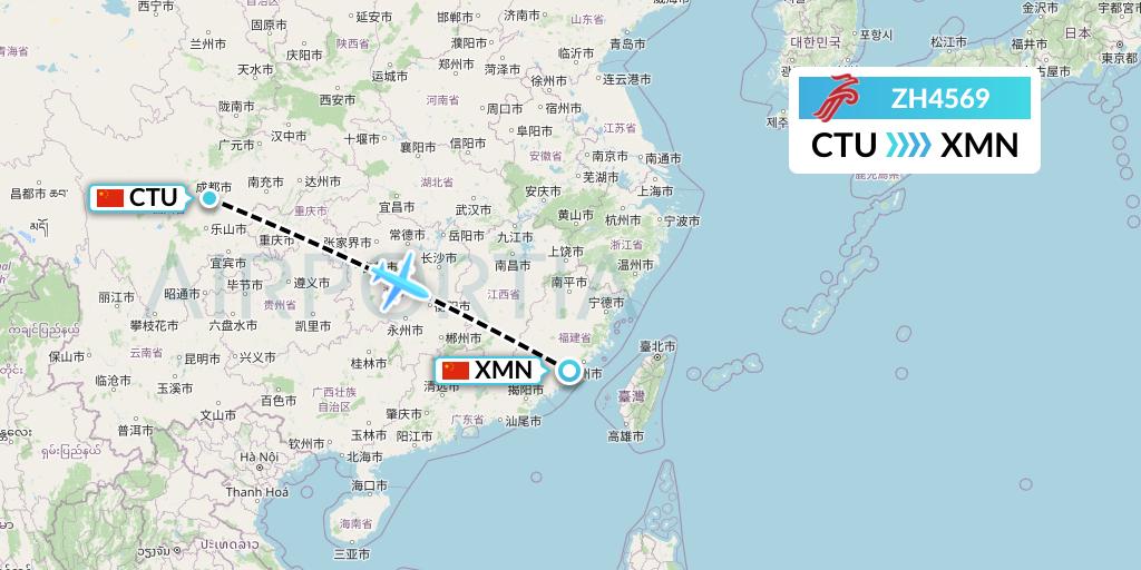 ZH4569 Shenzhen Airlines Flight Map: Chengdu to Xiamen