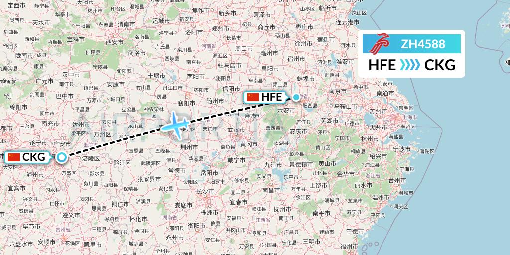 ZH4588 Shenzhen Airlines Flight Map: Hefei to Chongqing