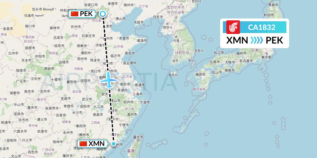 CA1832 Air China Flight Map: Xiamen to Beijing