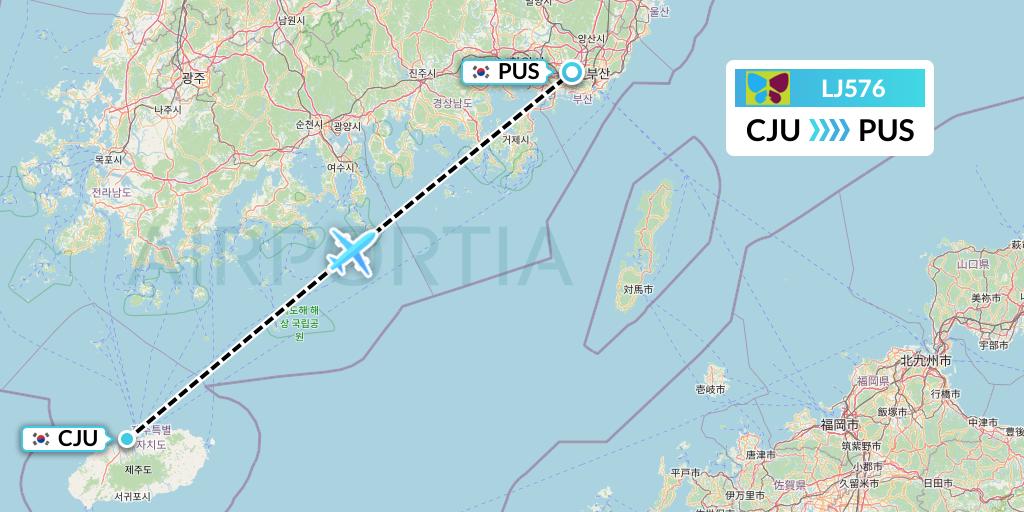 LJ576 Jin Air Flight Map: Jeju to Busan