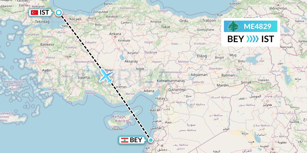 ME4829 MEA Flight Map: Beirut to Istanbul