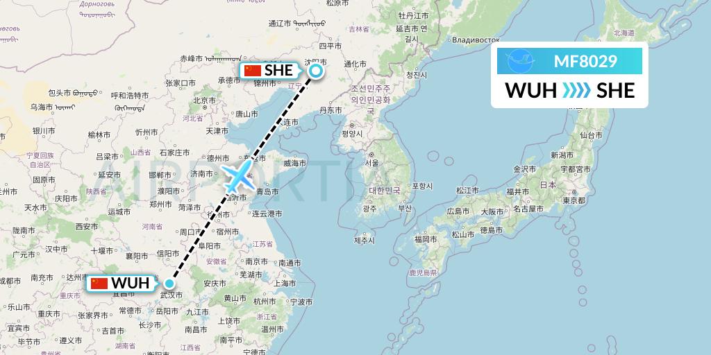 MF8029 Xiamen Airlines Flight Map: Wuhan to Shenyang