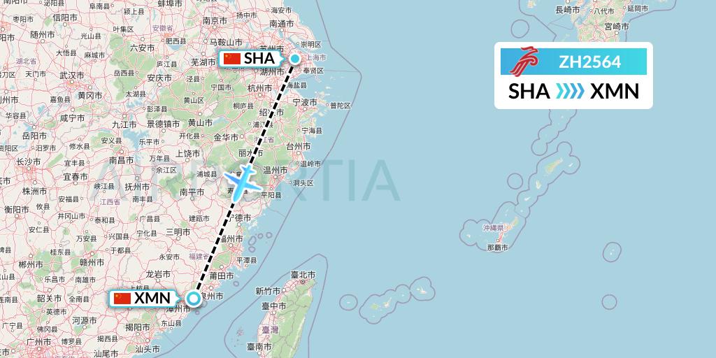 ZH2564 Shenzhen Airlines Flight Map: Shanghai to Xiamen