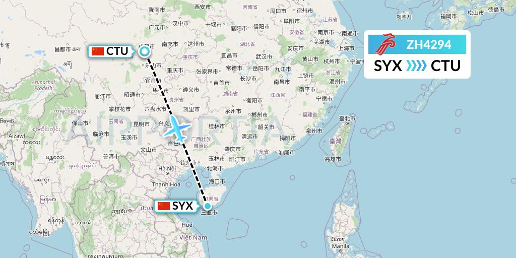 ZH4294 Shenzhen Airlines Flight Map: Sanya to Chengdu