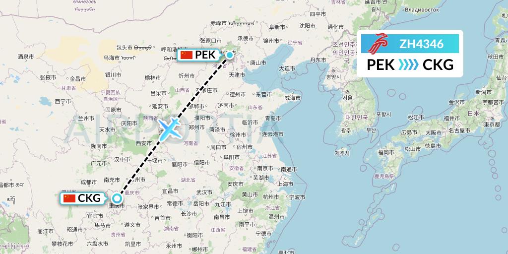 ZH4346 Shenzhen Airlines Flight Map: Beijing to Chongqing