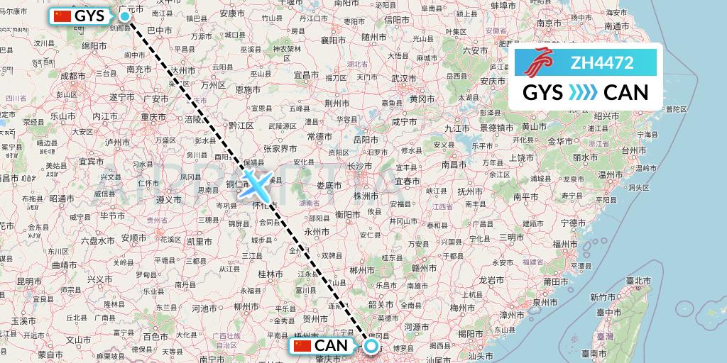 ZH4472 Shenzhen Airlines Flight Map: Guangyuan to Guangzhou