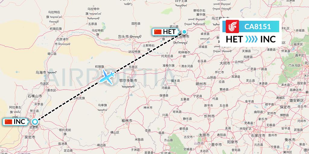 CA8151 Air China Flight Map: Hohhot to Yinchuan