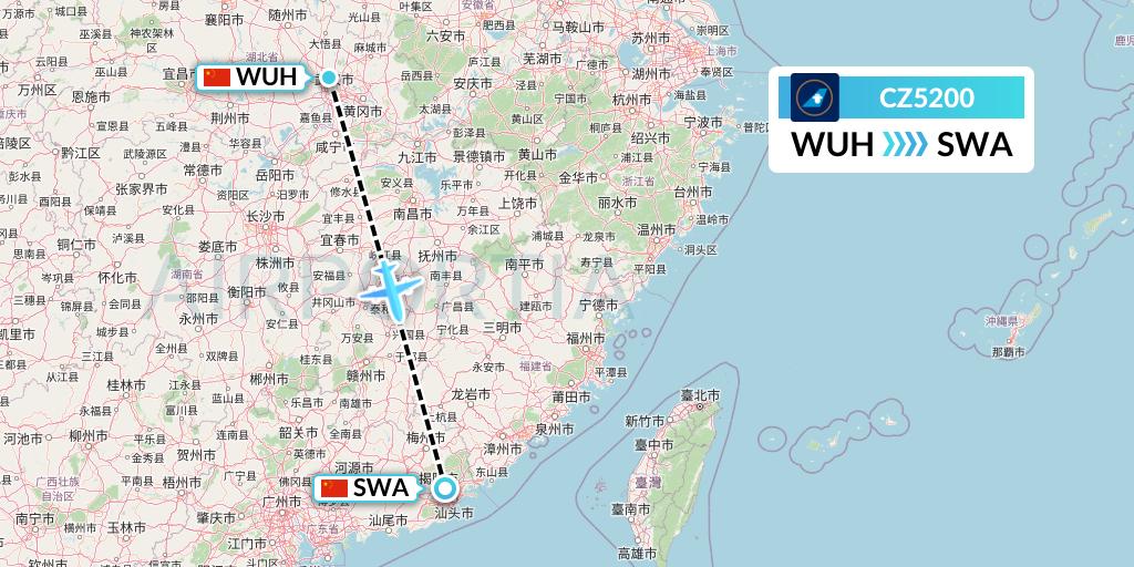 CZ5200 China Southern Airlines Flight Map: Wuhan to Jieyang