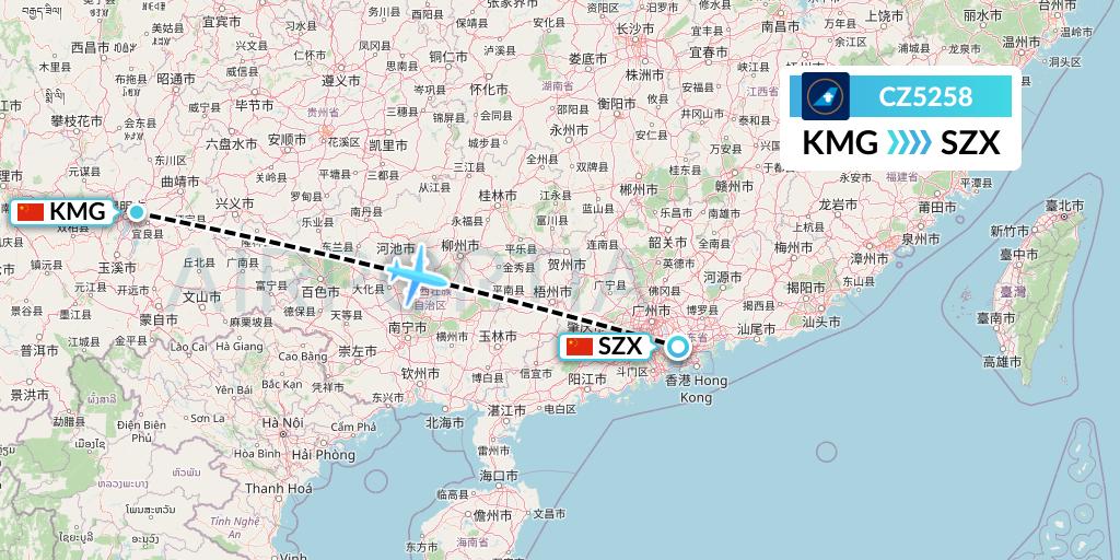 CZ5258 China Southern Airlines Flight Map: Kunming to Shenzhen