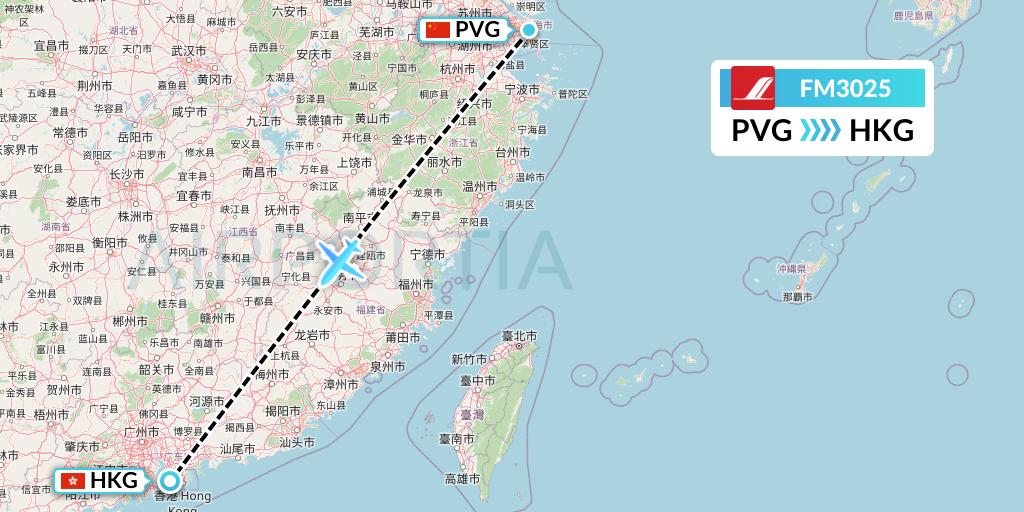 FM3025 Shanghai Airlines Flight Map: Shanghai to Hong Kong