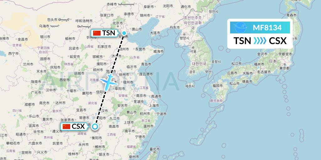 MF8134 Xiamen Airlines Flight Map: Tianjin to Changsha