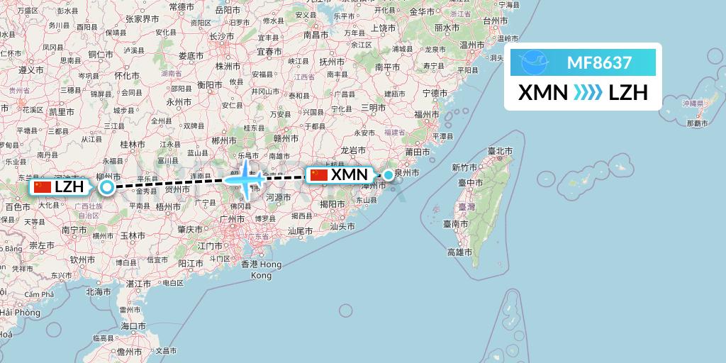 MF8637 Xiamen Airlines Flight Map: Xiamen to Liuzhou